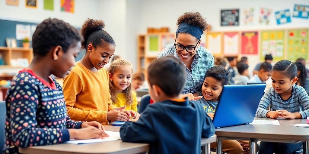 Ruang kelas berwarna-warni dengan siswa belajar secara aktif.